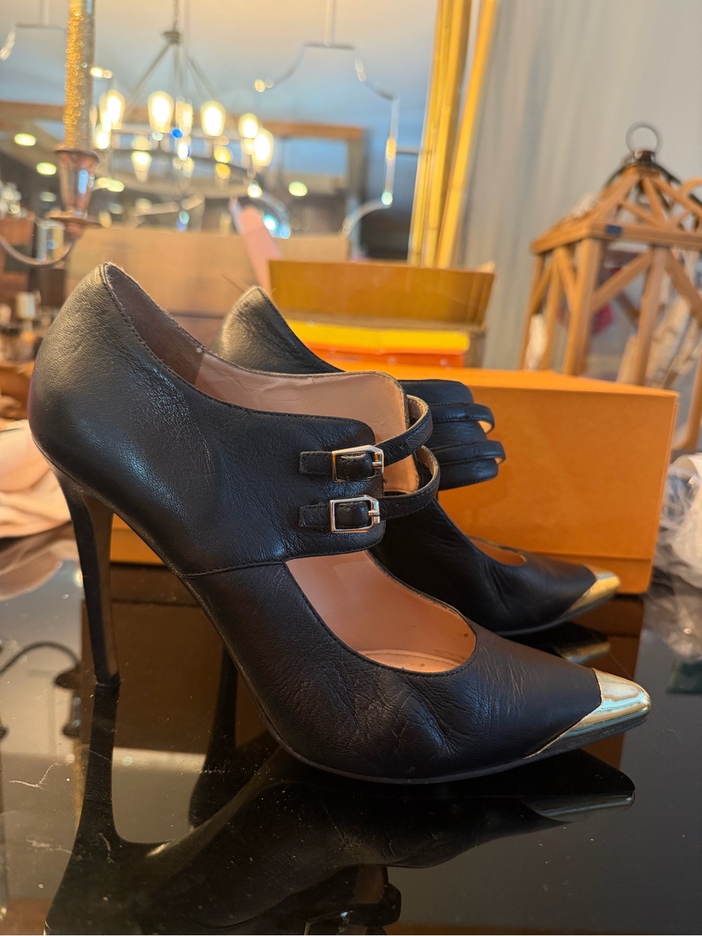 Enzo Angiolini Black Leather Double Strap Heels Gold Cap Toe size 9